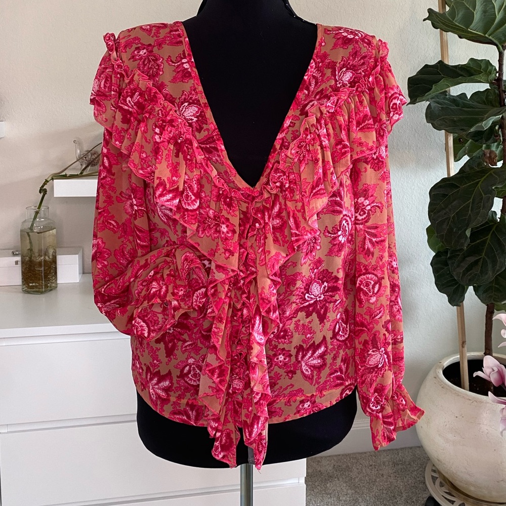 “Nasty Gal” Floral Paisley, Long Sleeve, Ruffled Blouse